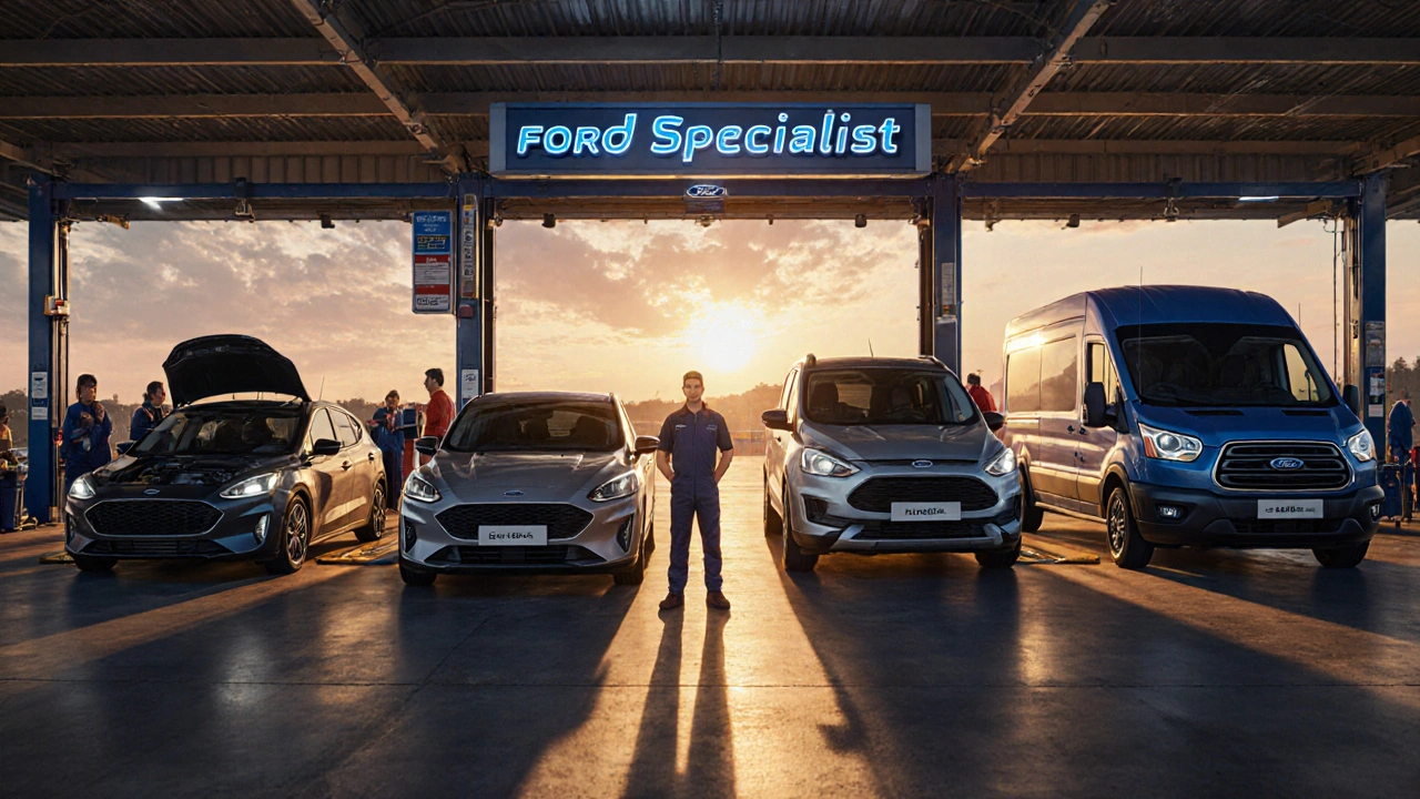 Mechanik stojí vedle tří modelů Fordu v specializované dílně na dálnici.