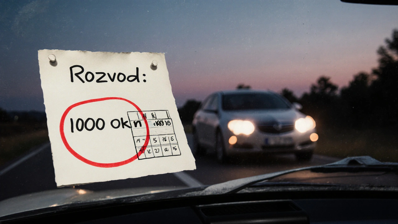 Nápis na skle auta: &#039;Rozvod: 100 000 km&#039; s červeně označeným datem v kalendáři.