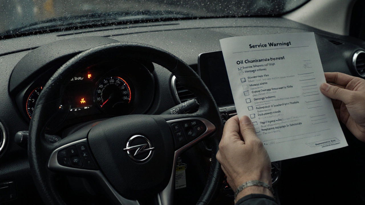 Opel Corsa dashboard with service warning light glowing during rainy weather.