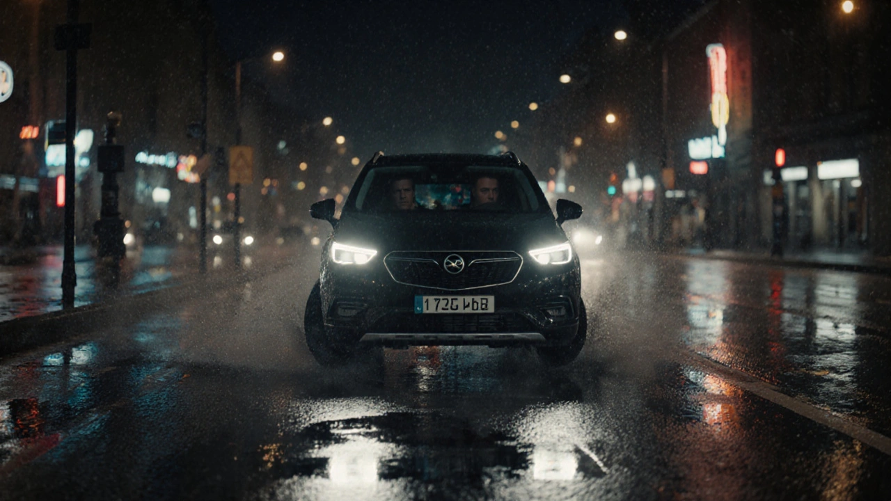 Opel Grandland X sjíždí po mokré silnici po nesprávném zařazení rychlosti, ztráta trakce.