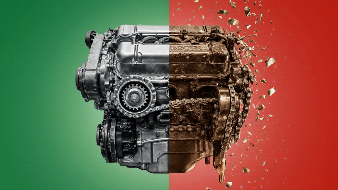 Porovnání nového a opotřebovaného rozvodového řetězu v motoru.