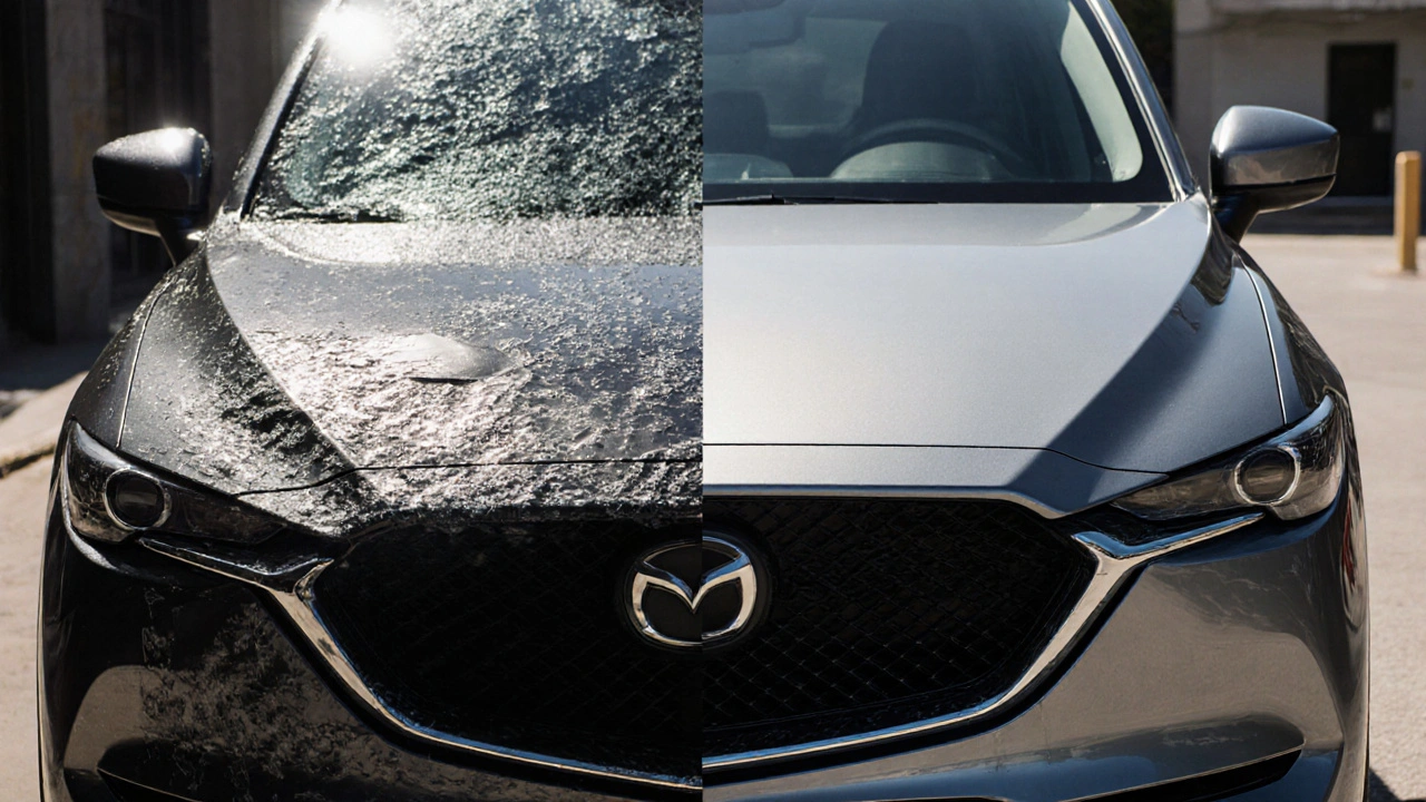 Porovnání poškozené a opravené Mazda CX-5: vlevo po kroupách, vpravo po profesionální opravě.