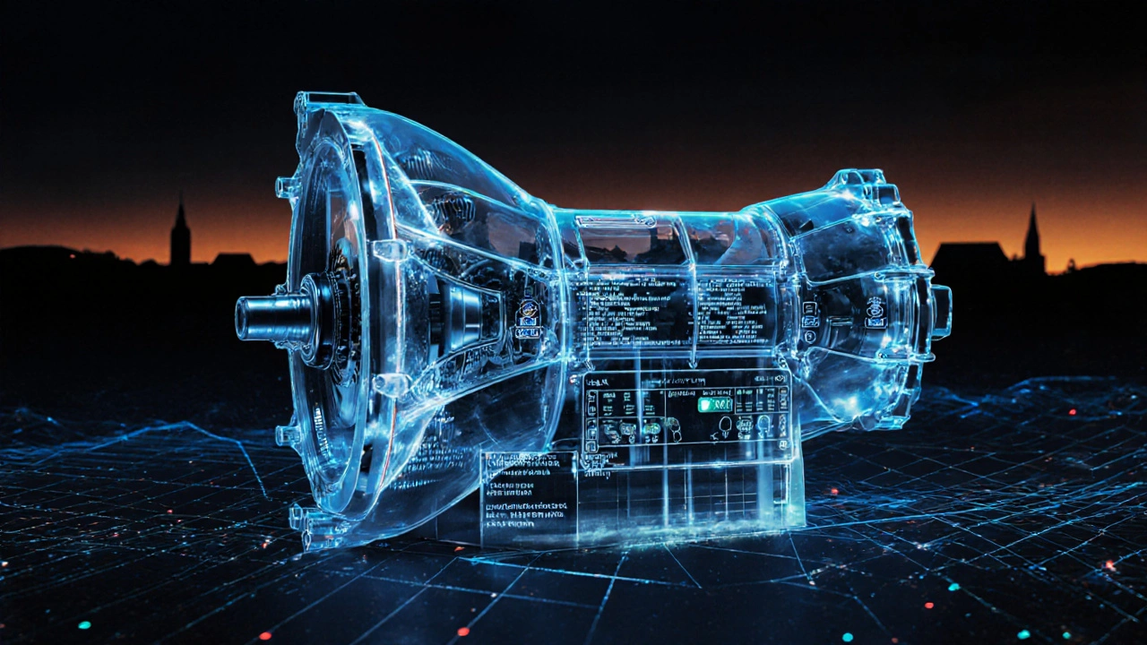 Průhledný pohled na převodovku PowerShift s diagnostickými daty proudícími z adaptéru.