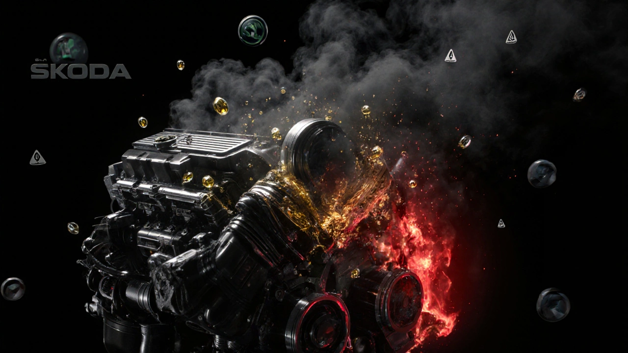 Průřez motoru s ucpanými písty a odpařujícím se olejem, symboly varování v okolí.