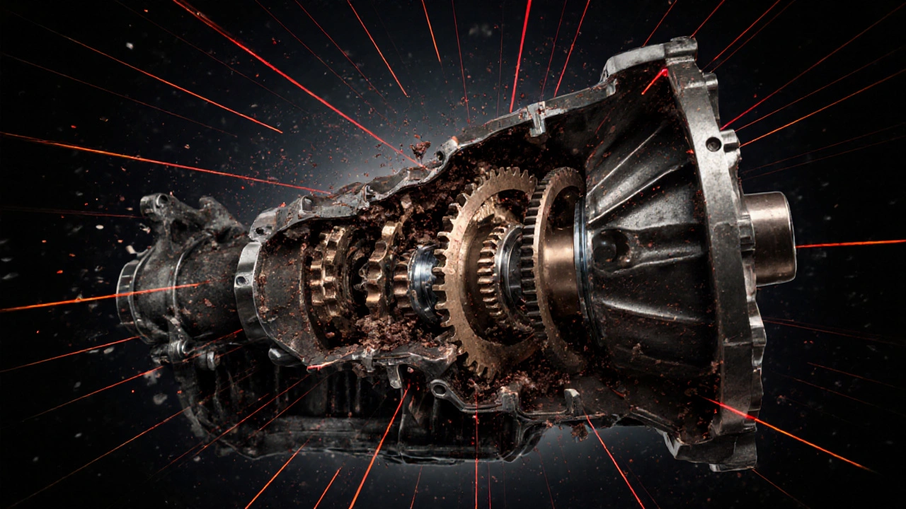 Průřez převodovky s nárazově kolizními ozubenými koly a poškozenými synchronizátory.