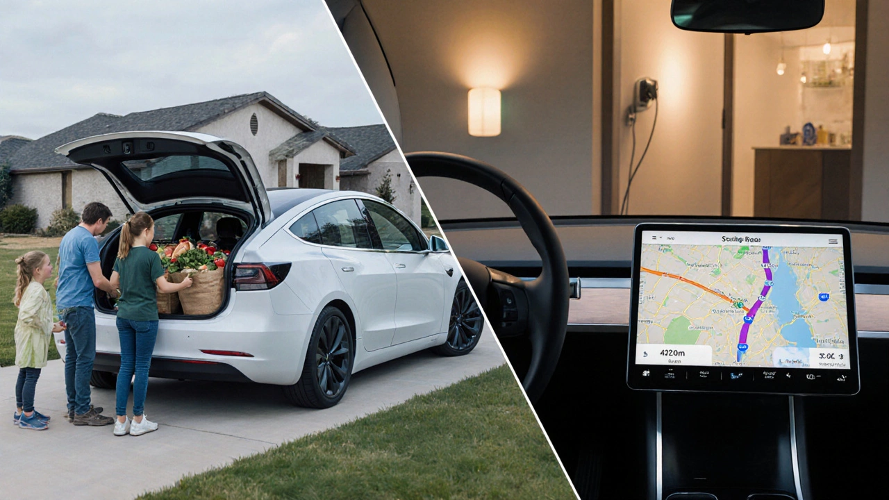 Rozdělený obrázek: rodina naloží nákup do Tesly a auto se nabíjí u domu.