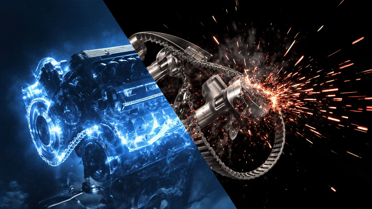 Rozdělený pohled na motor: napnutý řetěz vs. přetržený řemen s poškozenými ventily.