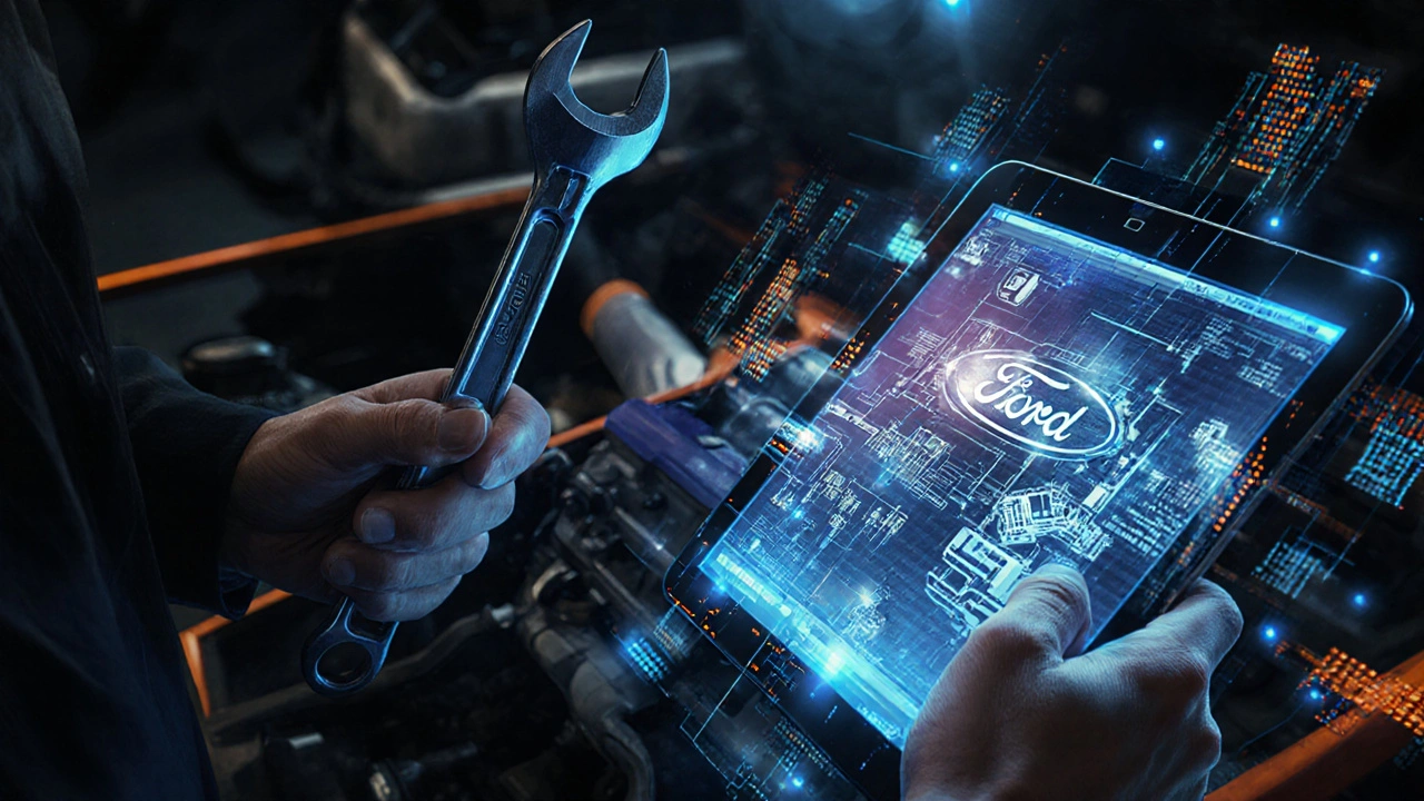 Ruce mechanika drží nářadí a diagnostický tablet s elektronickými daty.