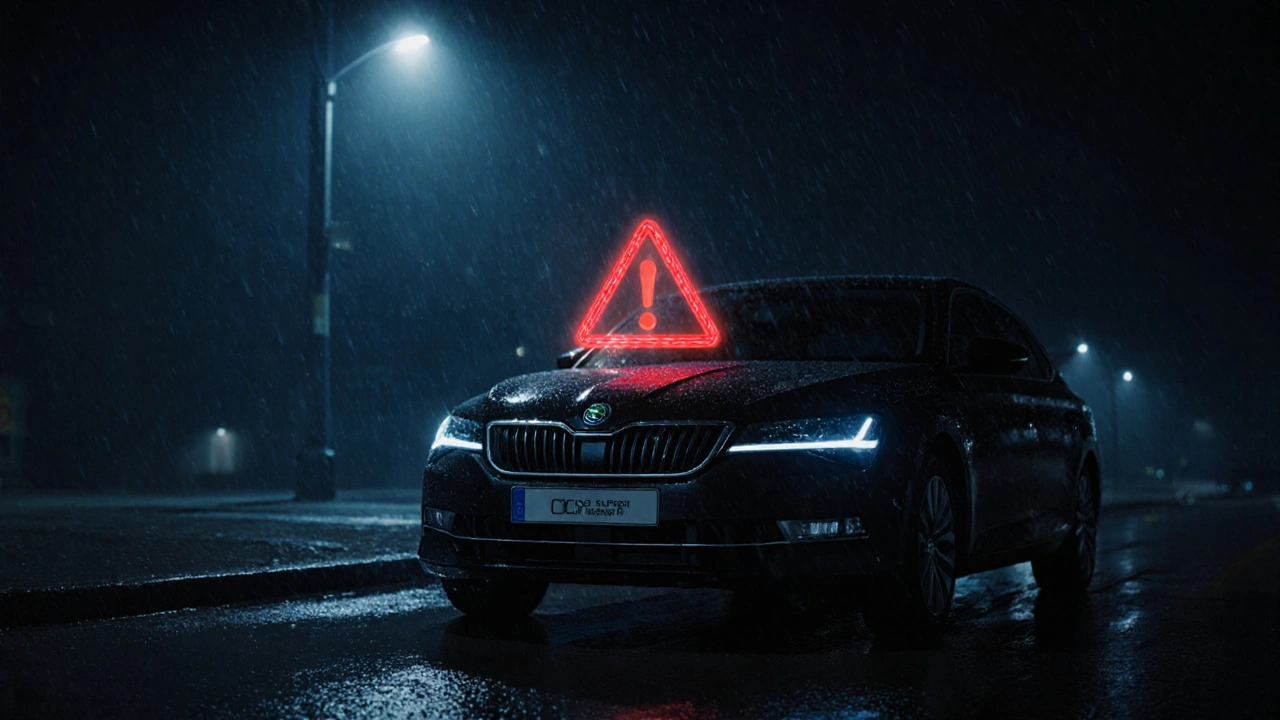 Škoda Superb v noci s červeným varovným symbolem nad motorem.