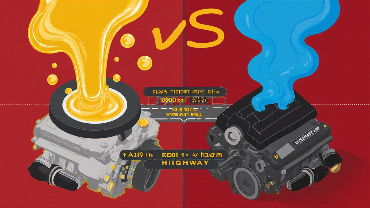 Split image: clean engine vs clogged engine showing effects of delayed oil change.