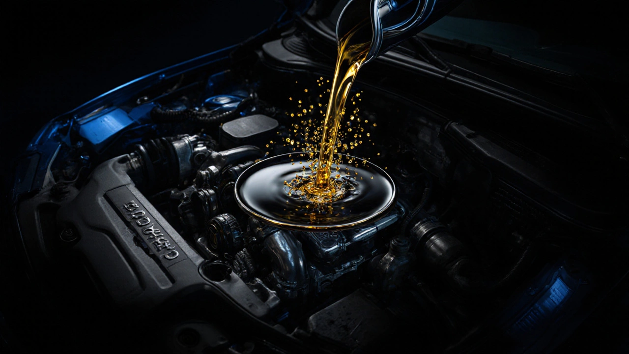 Symbolický vnitřní pohled do motoru Opel, kde černý olej chytá nečistoty.