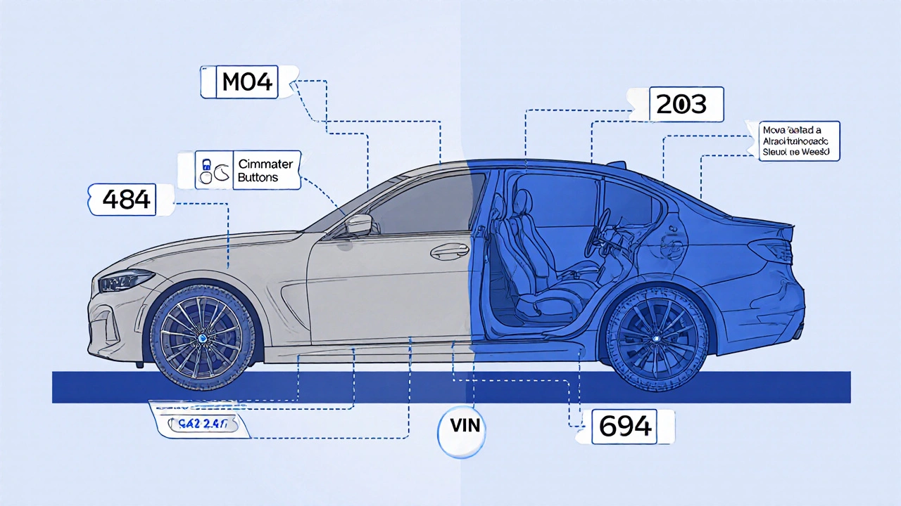 Technical illustration of BMW features labeled with their factory option codes.