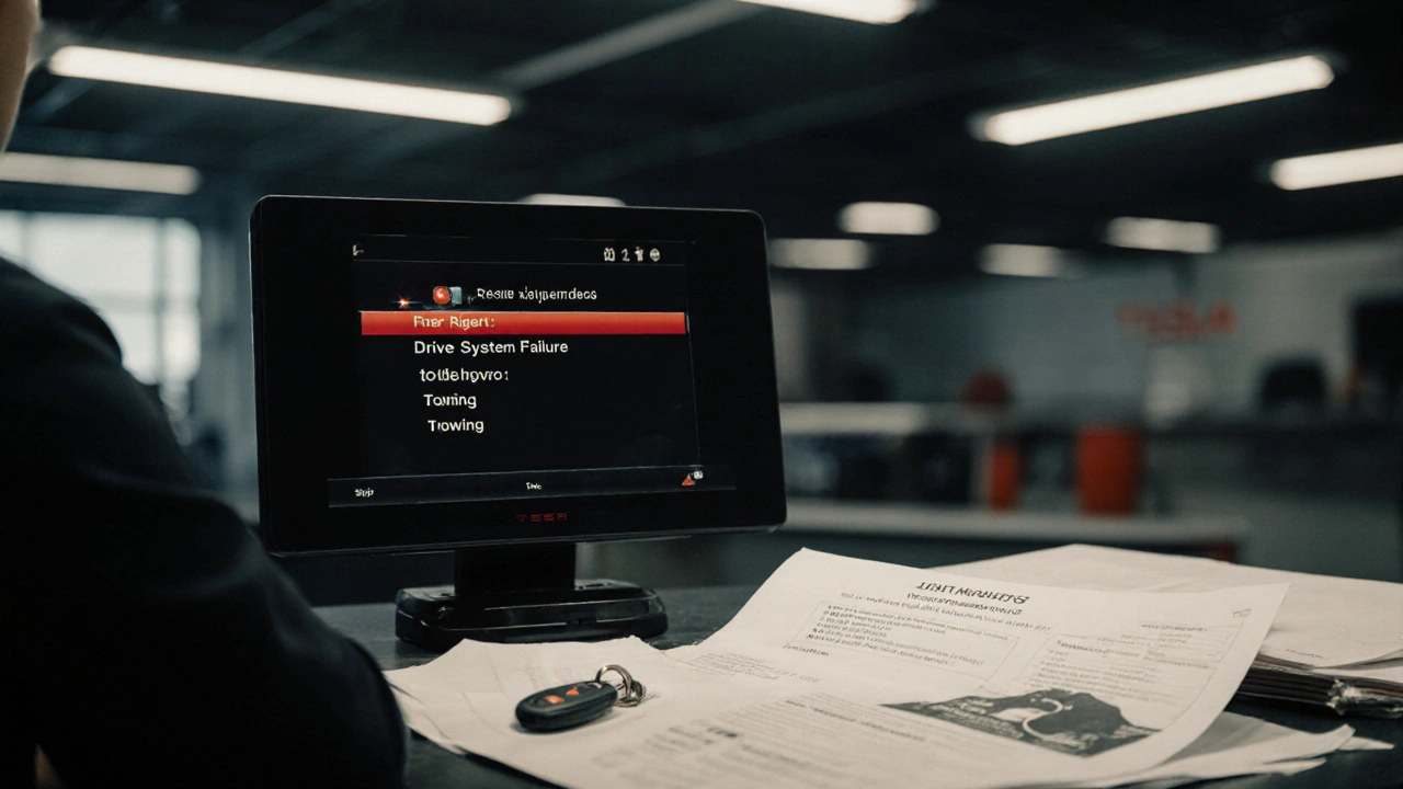 Technician viewing a 'Drive System Failure' error on a diagnostic screen in a Tesla service center.