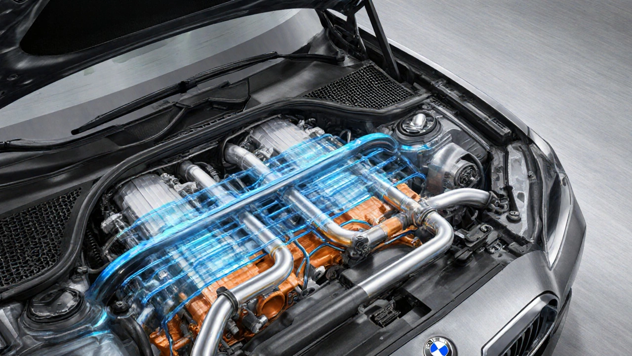 Technická ilustrace dvojitého chladicího systému BMW s prouděním chladicí kapaliny pro motor a turbodmychadlo.