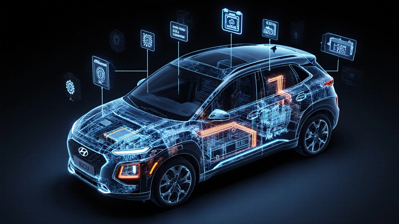Technický náčrt elektronických systémů elektromobilu Hyundai Kona EV.
