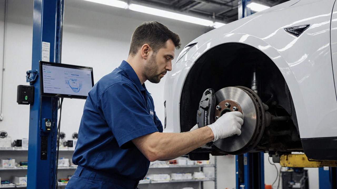 Technik kontroluje brzdy Tesla v servisu s displejem ukazujícím opotřebení.