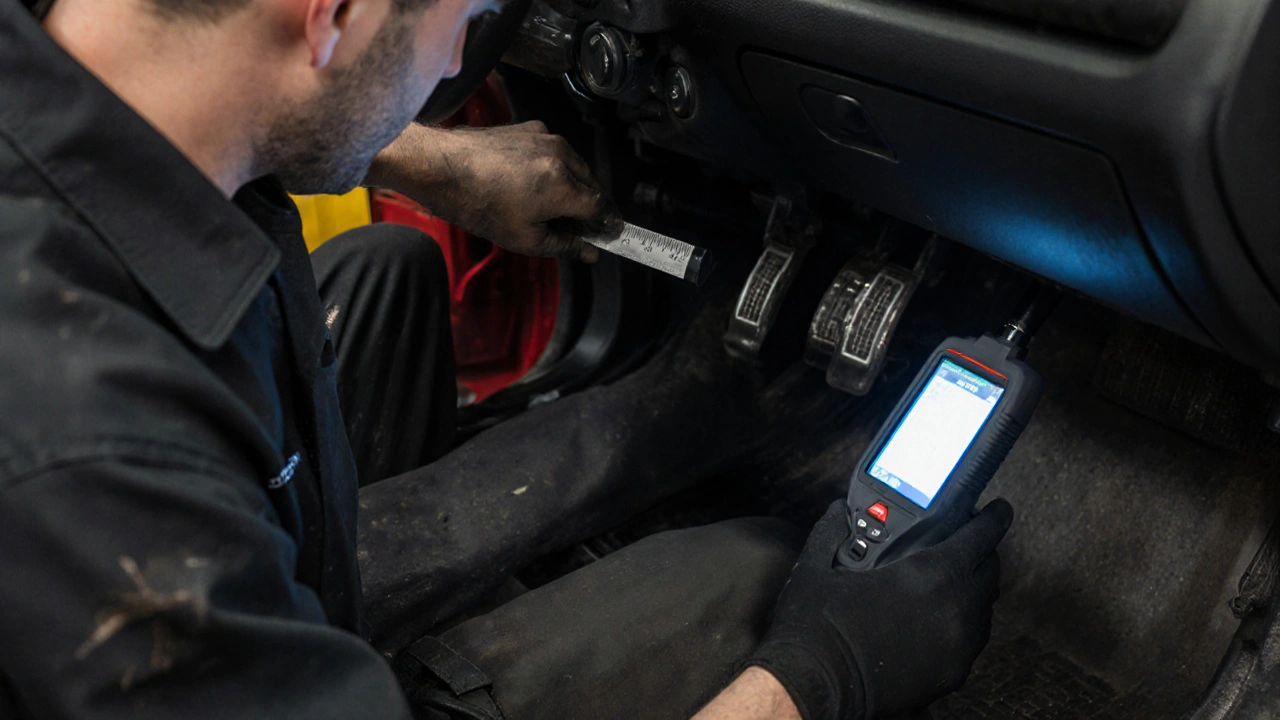 Technik měří volný chod pedálu spojky v Opelu Astra pomocí pravítka.