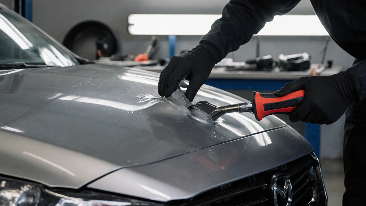 Technik používá PDR nástroje k opravě důlku zevnitř kapoty Mazda bez přebarvení.