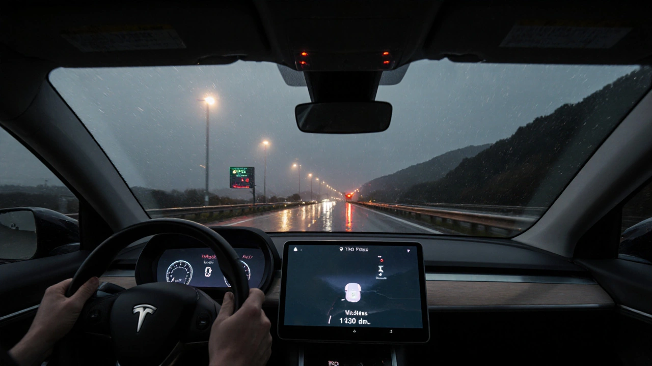 Tesla Model 3 na dálnici večer, rychlost 130 km/h, dešťová silnice a zářivé světlo.