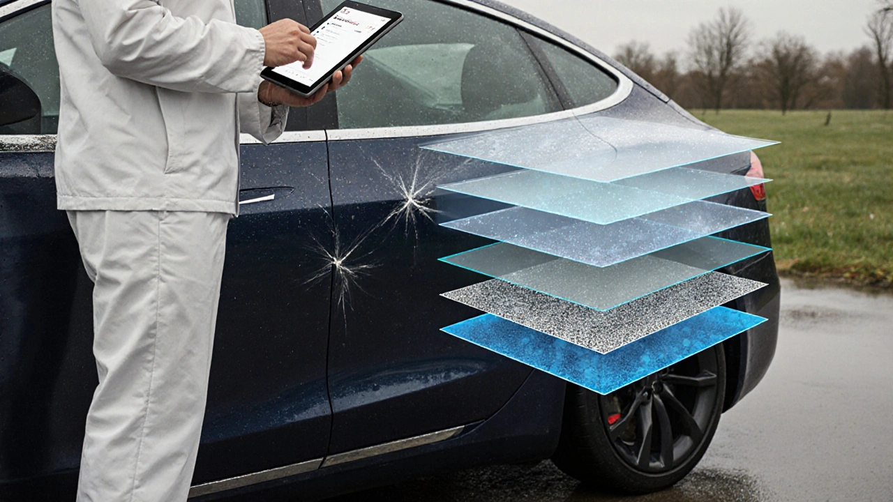 Tesla na jaře s technikem kontrolujícím škrábanec a holografickým zobrazením ochranných vrstev laku.