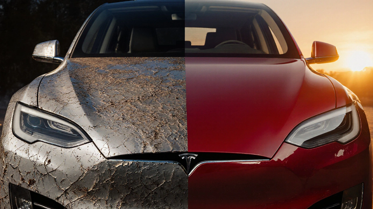 Tesla s jednou stranou poškozeného laku a druhou stranou nově přelakovanou v zlatém záři.