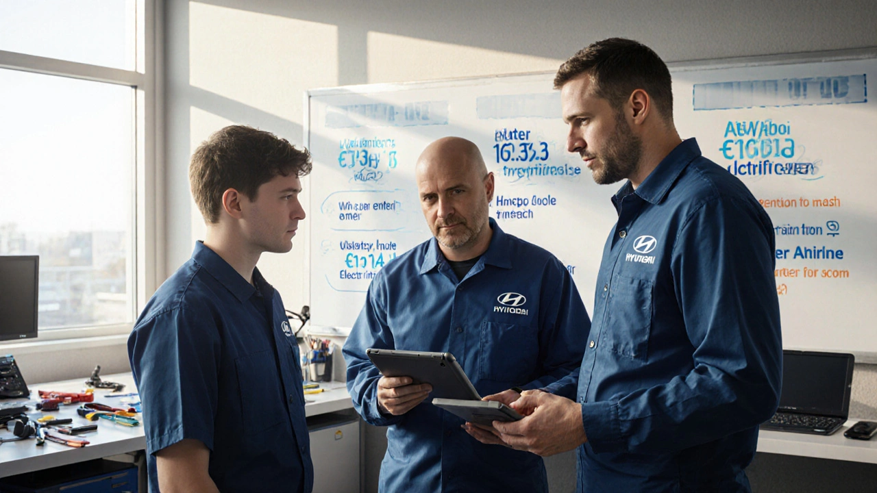 Tři technici různých úrovní výuky v Hyundai výukovém centru.