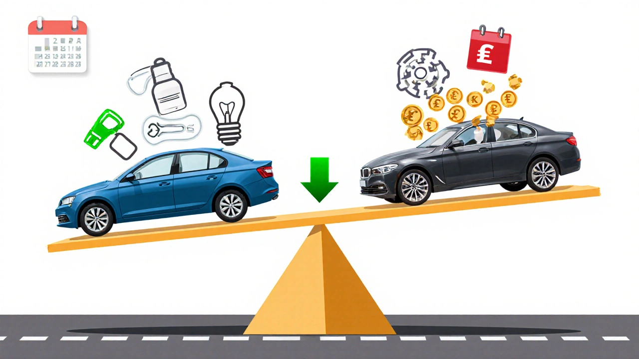 Váha srovnávající náklady na opravy Škody Octavia a BMW 5 Series během 10 let vlastnictví.