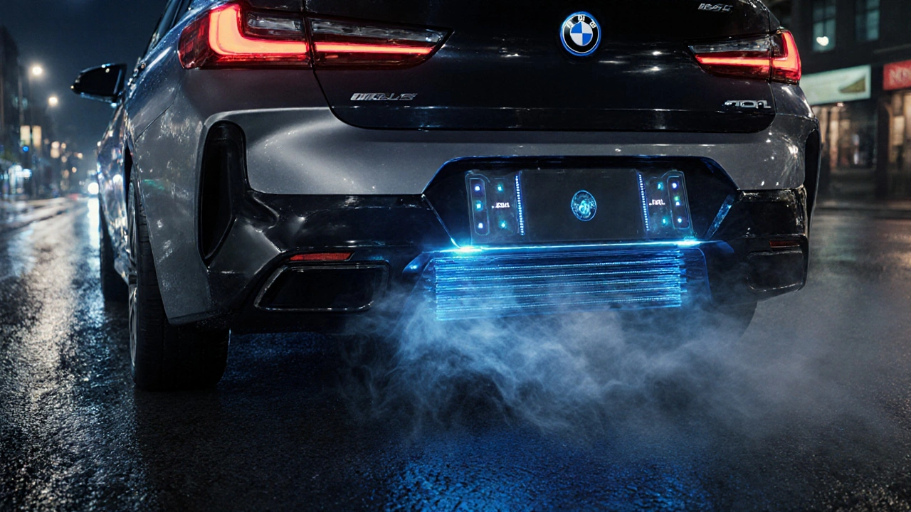 Zadní chladič elektromobilu BMW i4 s cirkulací chladicí kapaliny a prouděním vzduchu při jízdě.