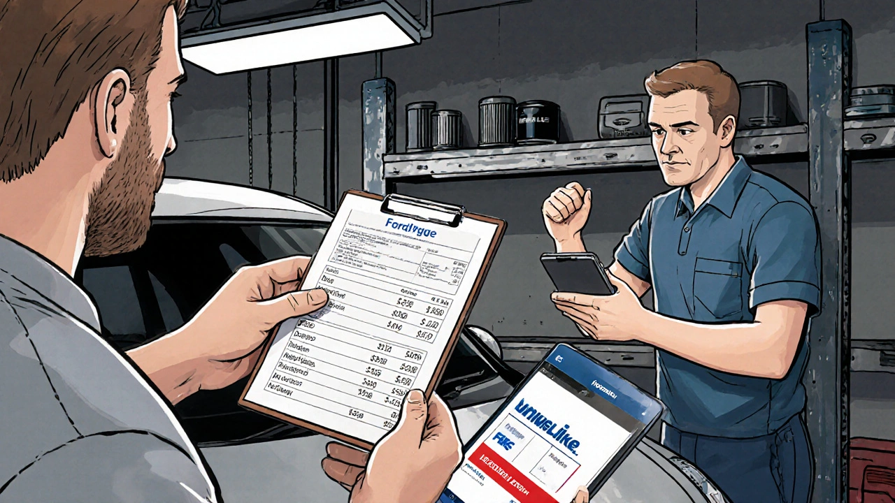 Zákazník porovnává ceny oprav na tabletu s výpisem nákladů od servisu, v pozadí Ford Kuga a certifikované díly.