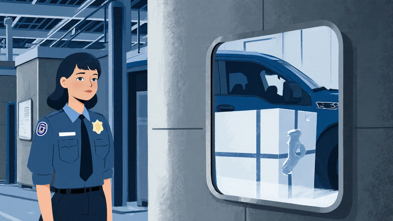 Ženský bezpečnostní dozorce detekuje podezřelý pohyb součástek ve skladu.