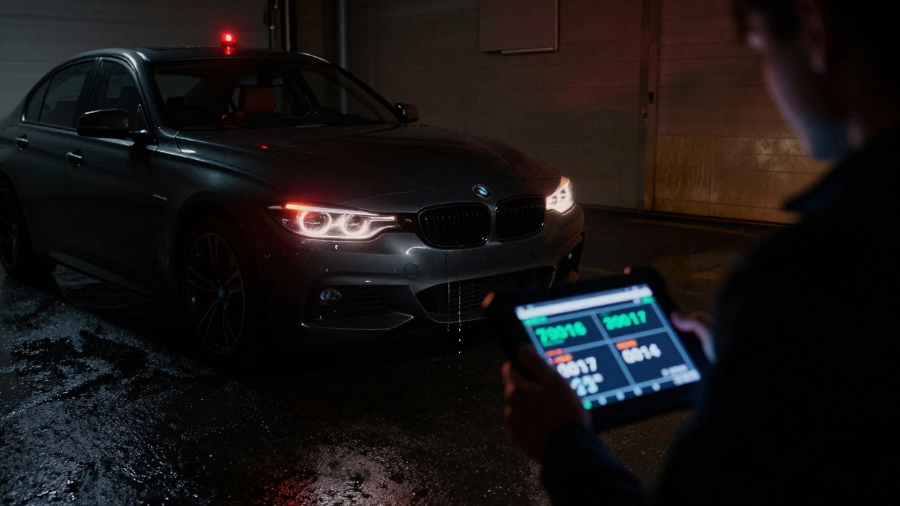 BMW 340i s rozsvícenou kontrolkou motoru v temném servisu, na dashboardu chyby rozvodu.