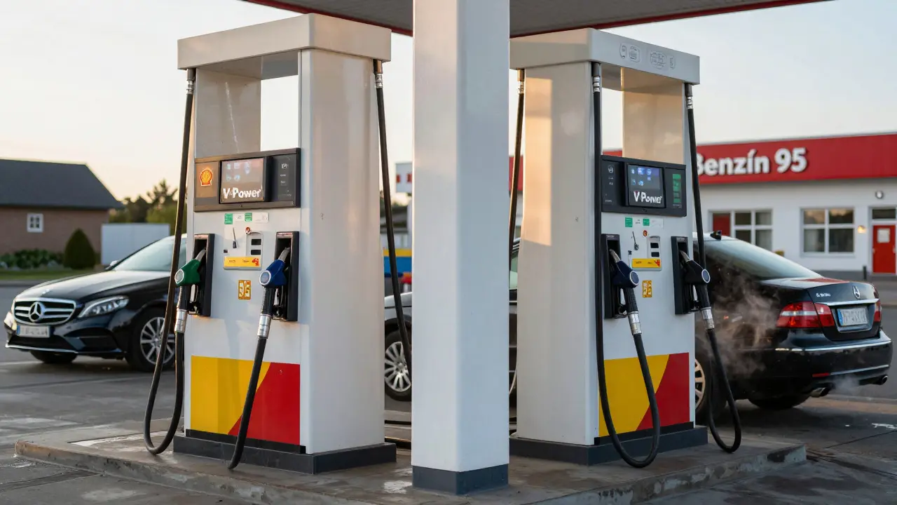 Dvě čerpací stanice v Česku s různými druhy benzínu a automobily vedle nich.