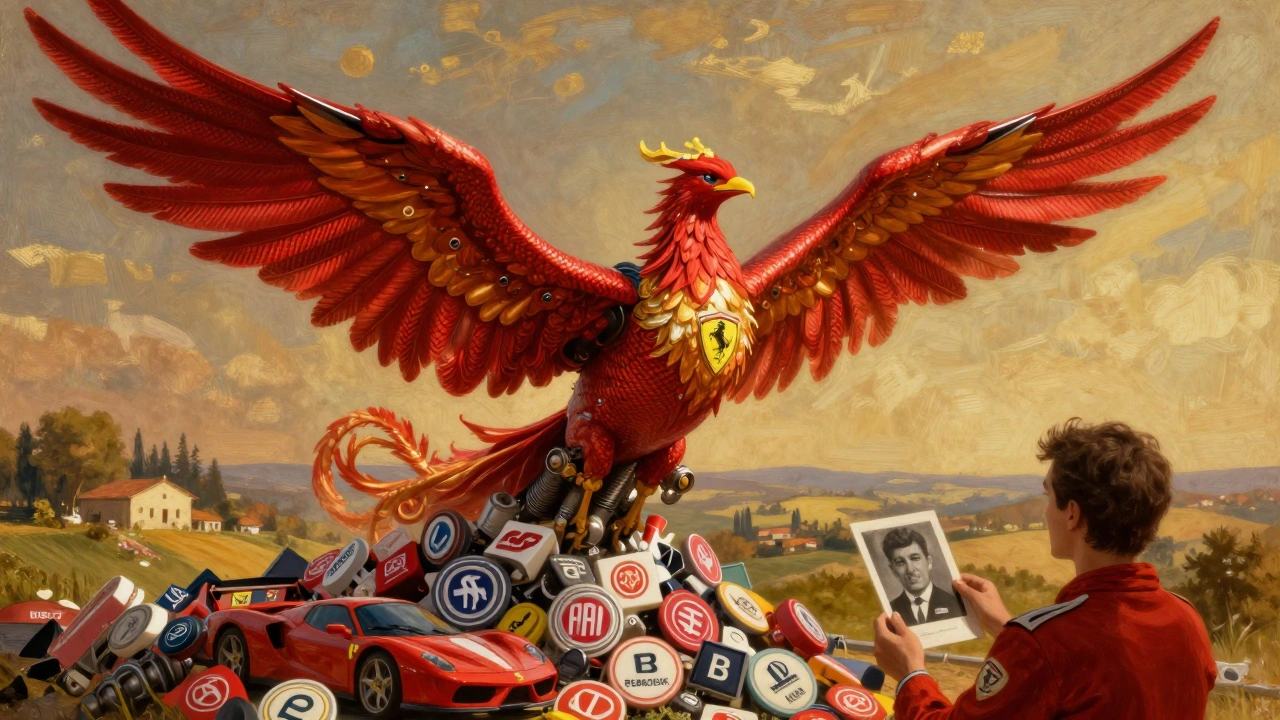 Ferrari jako fénix vystupující z korporátních log, symbolizující její nezávislost.