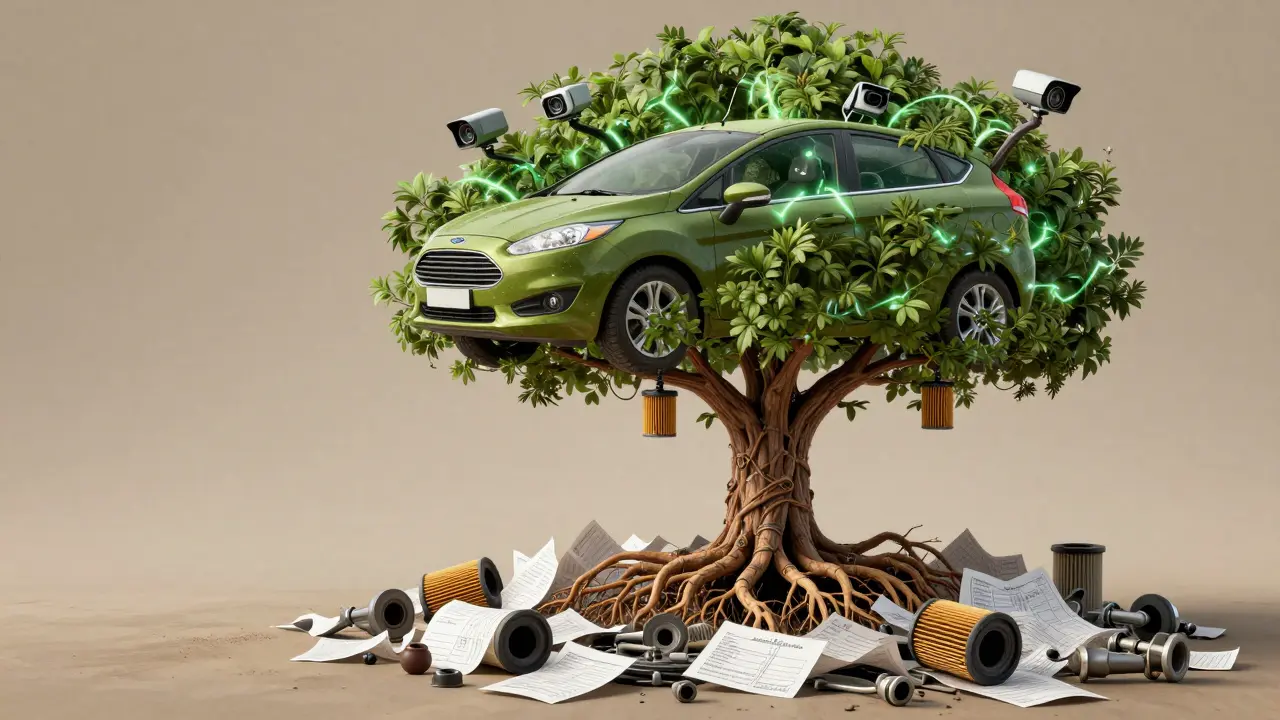 Ford auto přeměněné na strom s kořeny z dílů a větvemi bezpečnostních systémů, symbolizující dlouhodobou životnost.