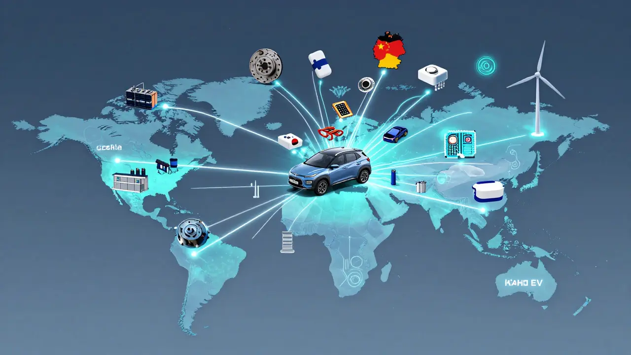 Globální síť výroby Hyundai s částmi přicházejícími z různých zemí do jednoho auta.