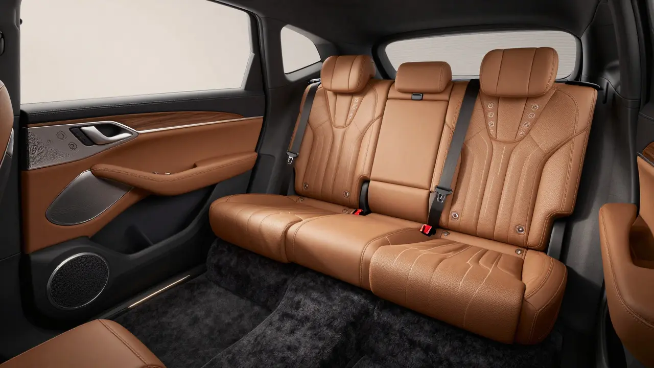 Interiér Hyundai Genesis GV80 Cortez s ručně vyrobenou italskou kůží, japonským dřevem a koberci z novozélandské vlny.