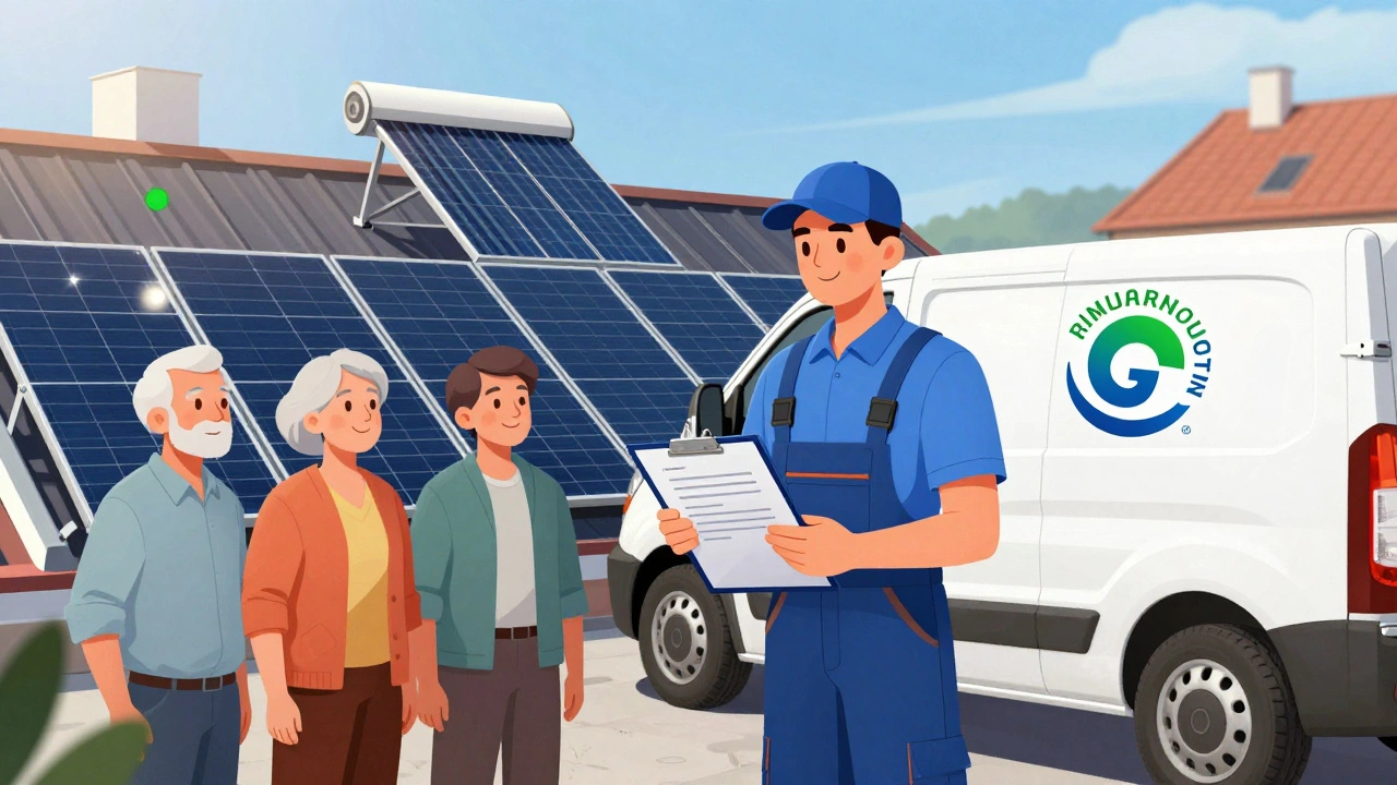 Klempíř s vlastní firmou stojí u kamionu s podepsanou smlouvou a instalací solárního systému na střeše.