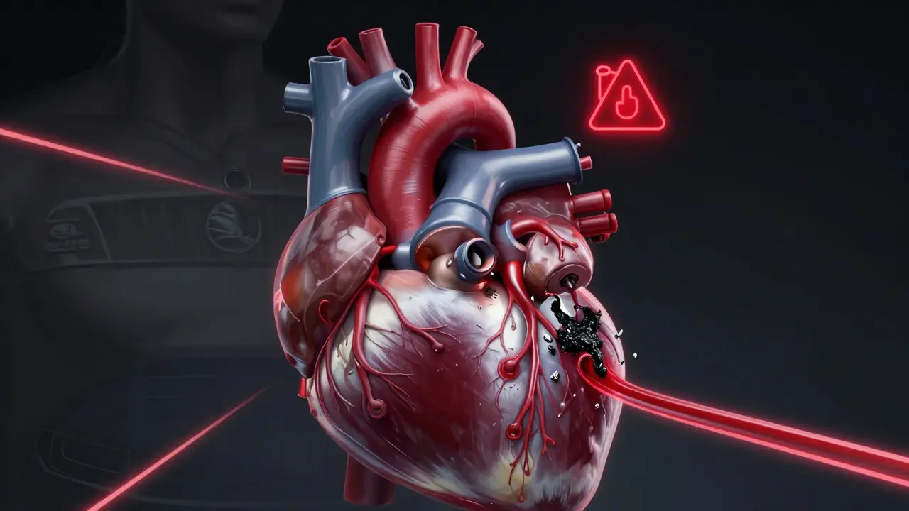 Koncepční obrázek motoru jako srdce s ucpanou cévou černým špínou a varovnou ikonou oleje.