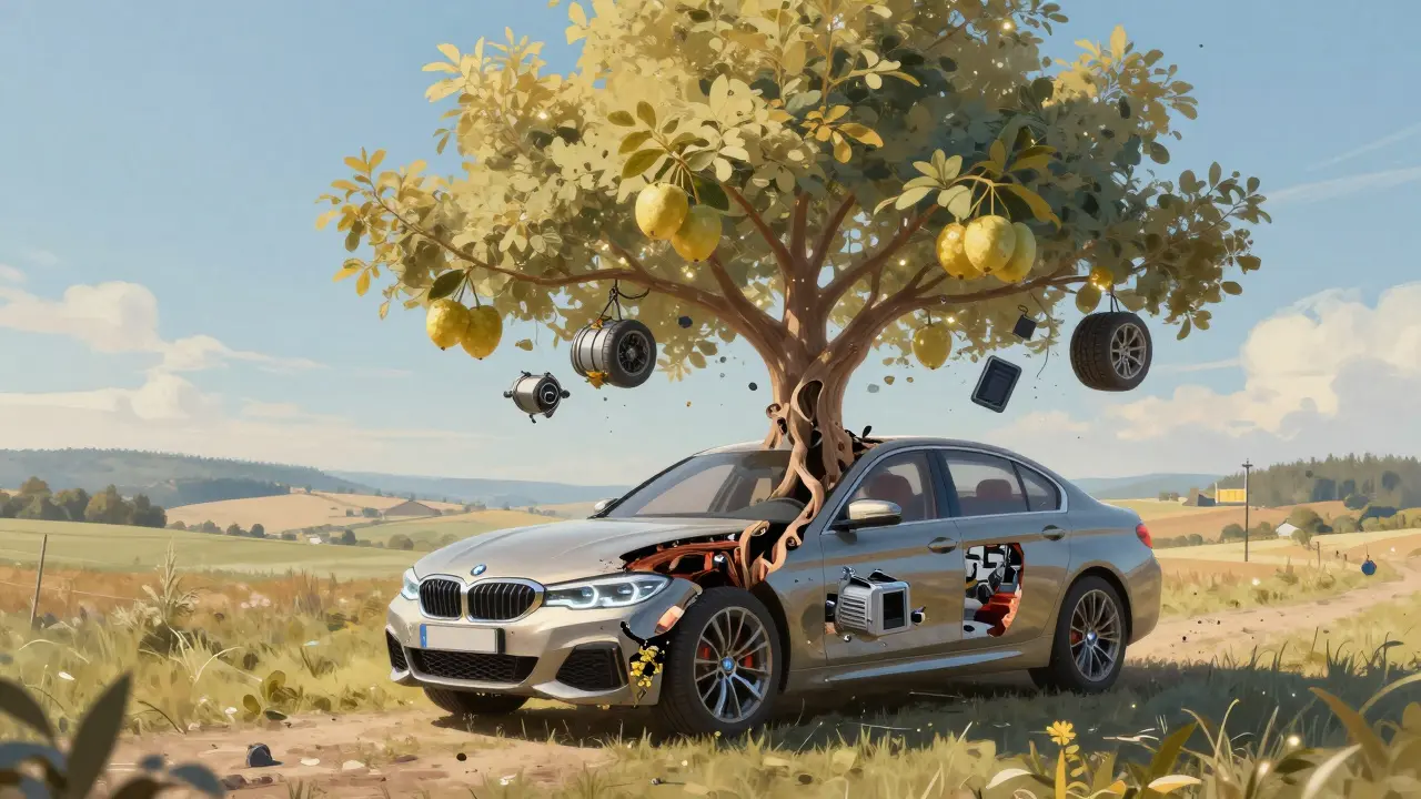 Konceptuální obrázek auta, jehož díly vyrůstají jako větve stromu symbolizující recyklaci.