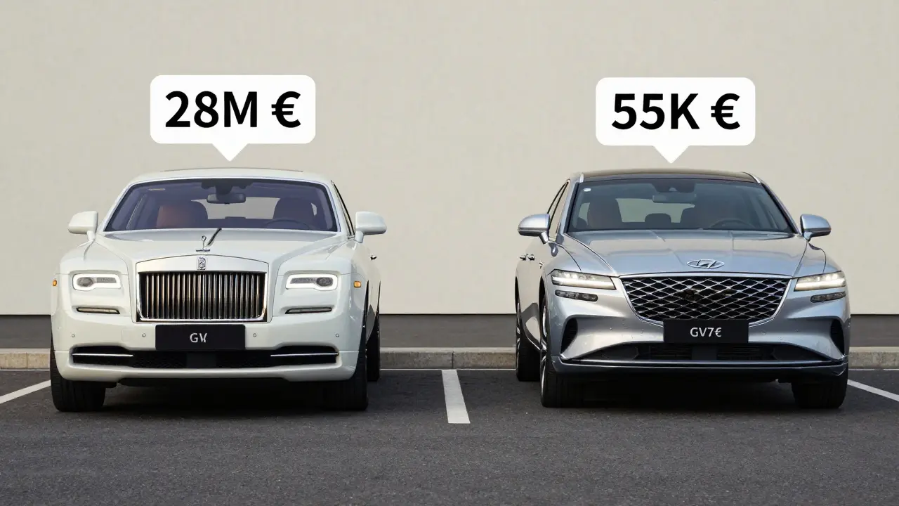 Kontrast mezi Rolls-Royce Boat Tail a Hyundai Genesis GV70 na stejné silnici, symbolizující cenu versus hodnotu.
