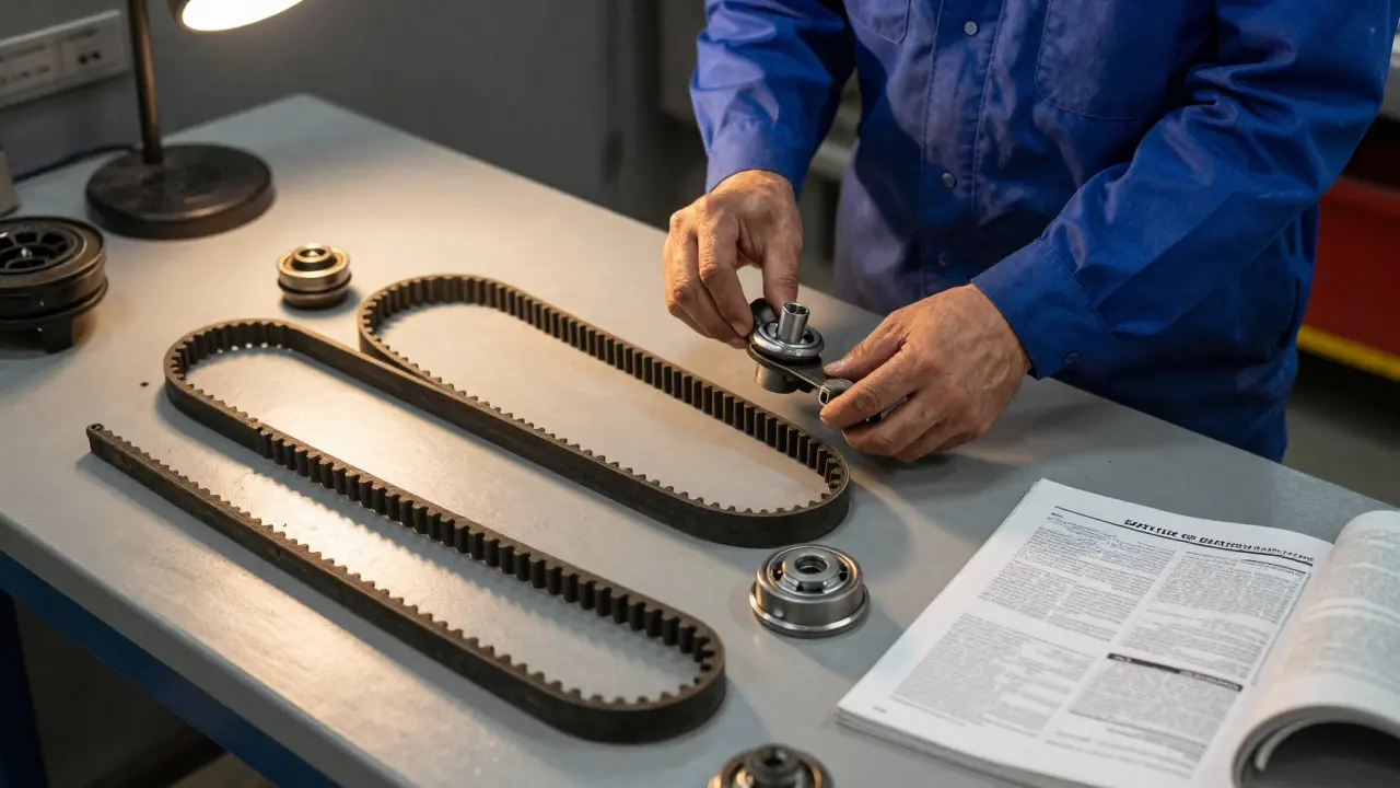 Mechanic comparing worn and new timing belt components