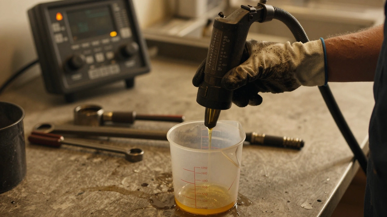 Mechanic using oil extraction pump to remove excess oil from Opel engine.