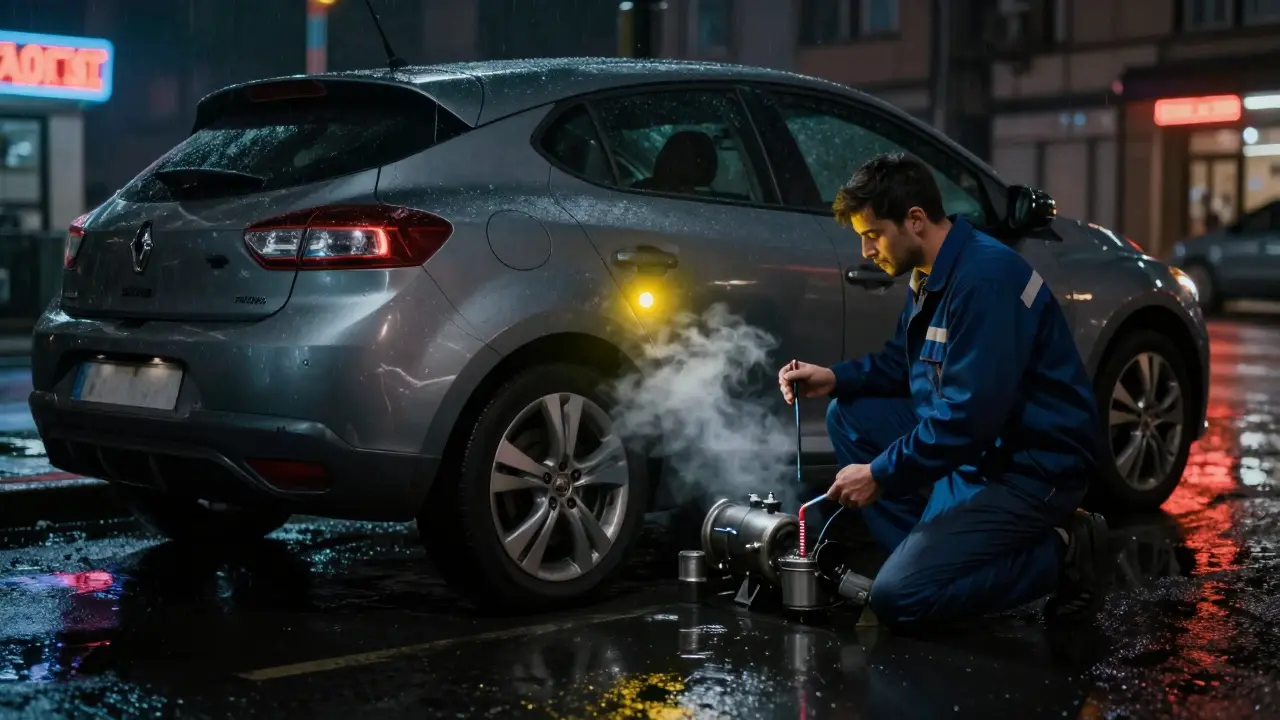 Mechanik kontroluje hladinu oleje v převodovce Renault Megane za deštivé noci.