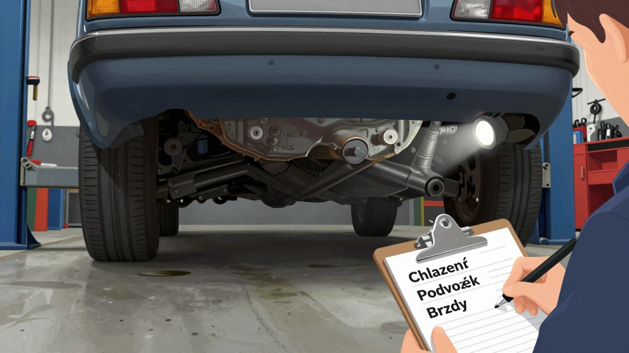 Mechanik kontroluje zadní nápravu Mazdy 626 z roku 2002 na zvedáku, viditelná koroze.