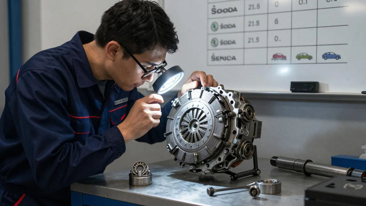 Mechanik kontrolyje opotřebenou spojku Škoda Superb v dílně.