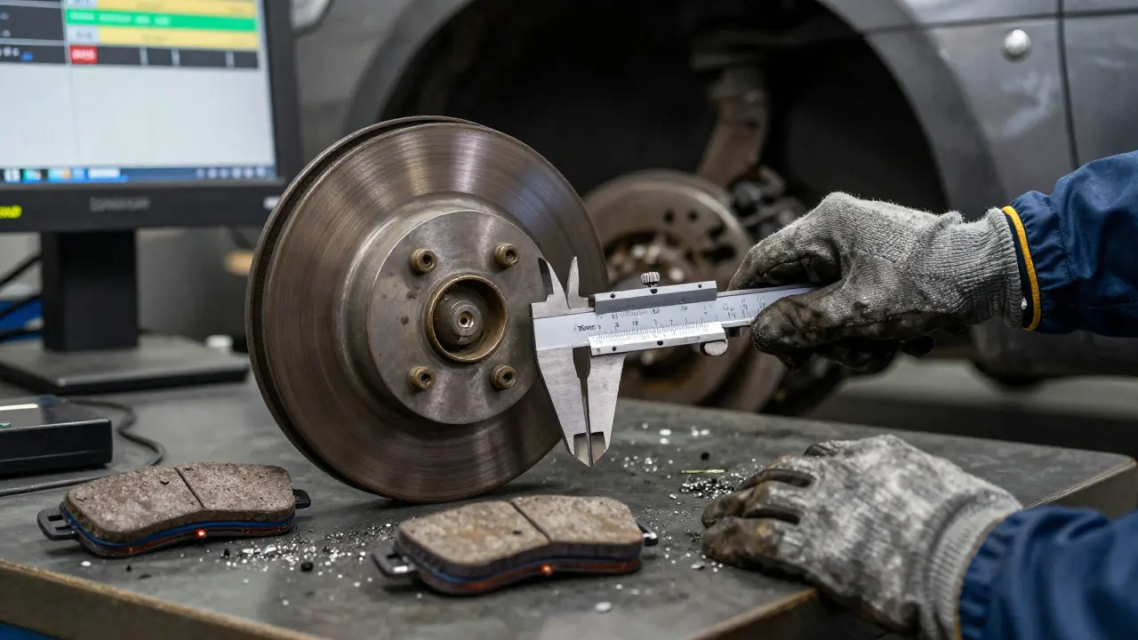 Mechanik měří tloušťku brzdových kotoučů u Škoda Superb.