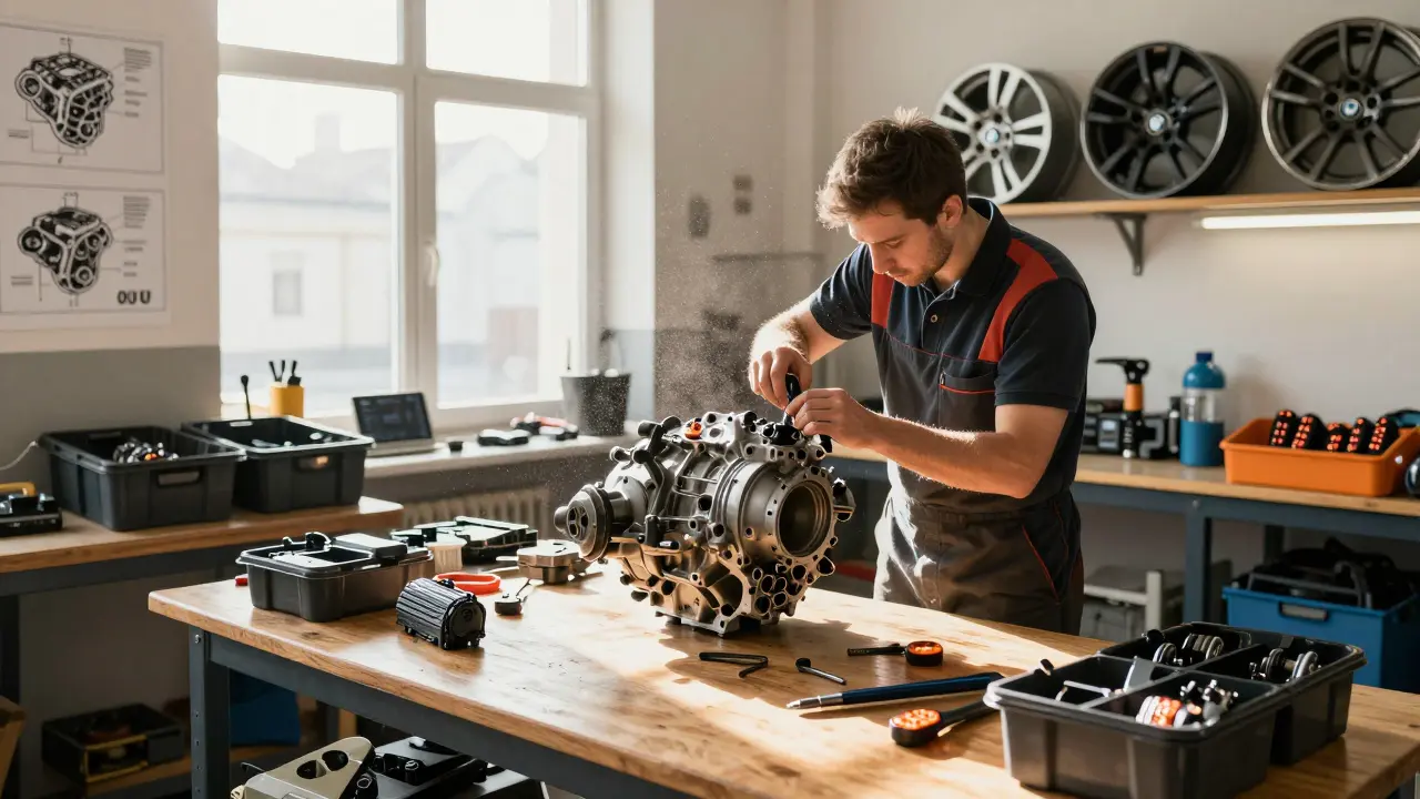 Mechanik odstraňuje převodovku z BMW X3 v dílně s označenými díly a nástroji na stole.