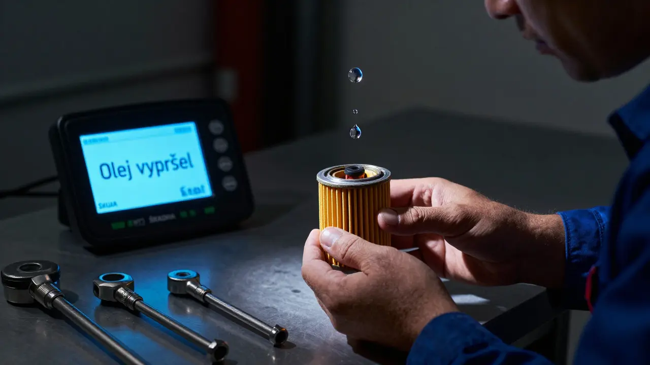 Mechanik porovnává použitý a nový olejový filtr, na pozadí displej auta zobrazuje varování.
