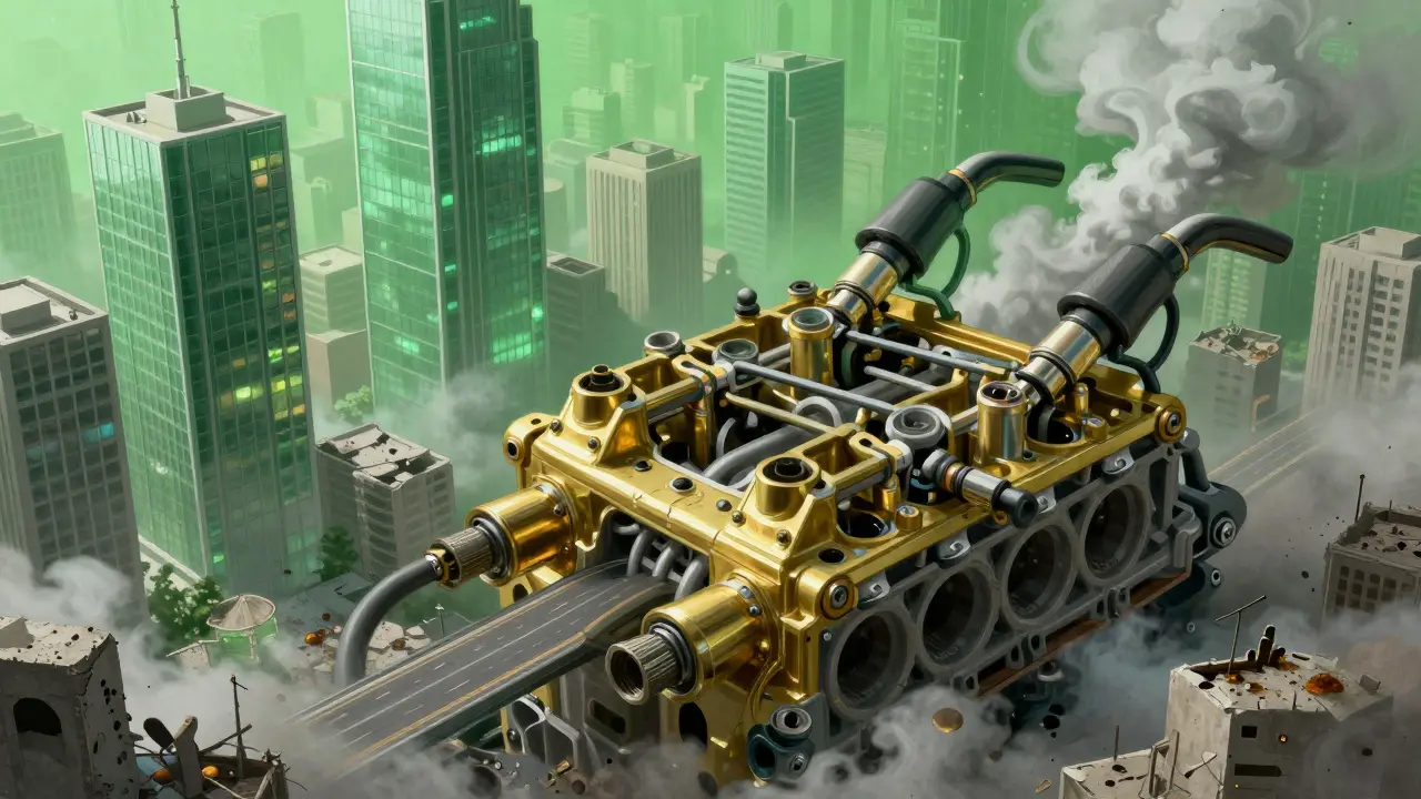 Mikroskopický pohled na motor jako město: čisté části jako moderní budovy, znečištění jako popel.