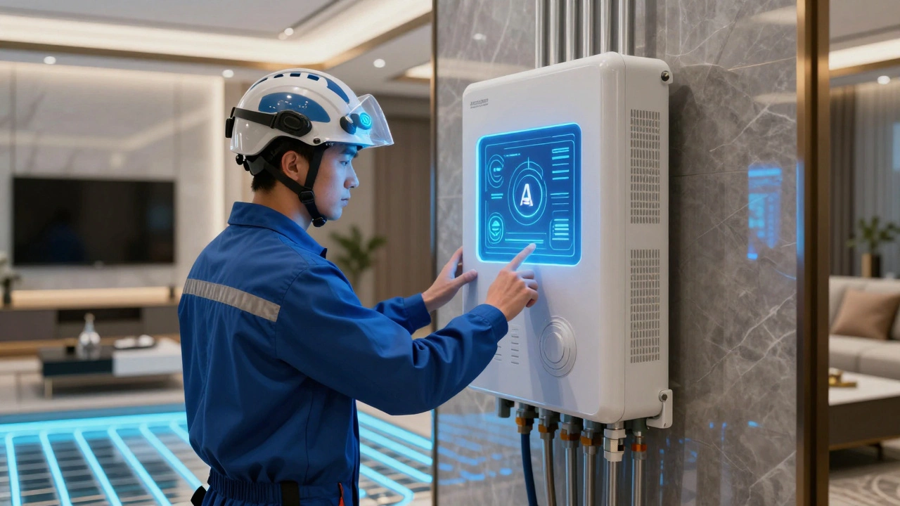 Moderní klempíř s chytrým přístrojem připojuje topný systém k centrálnímu řídicímu jednotce v luxusním domě.